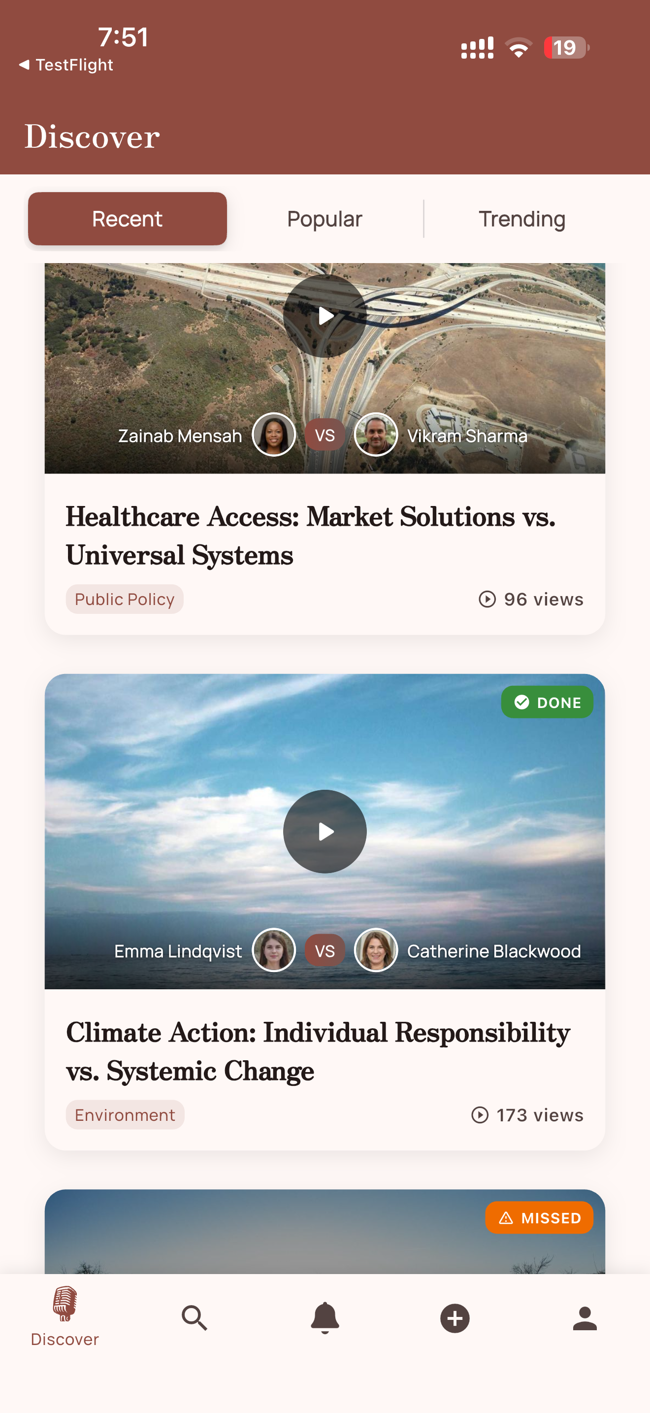 Discover feed with recent debates