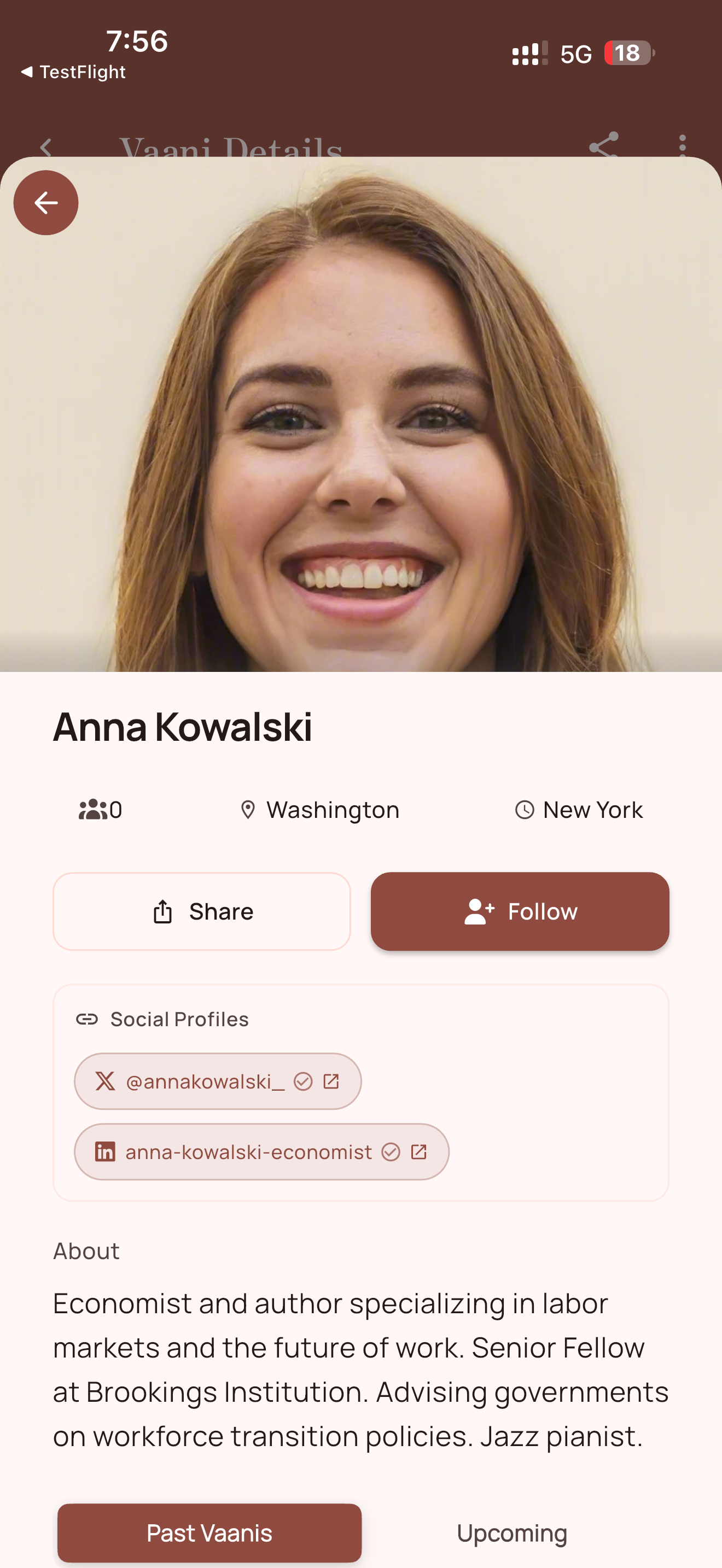 User profile with bio and social links