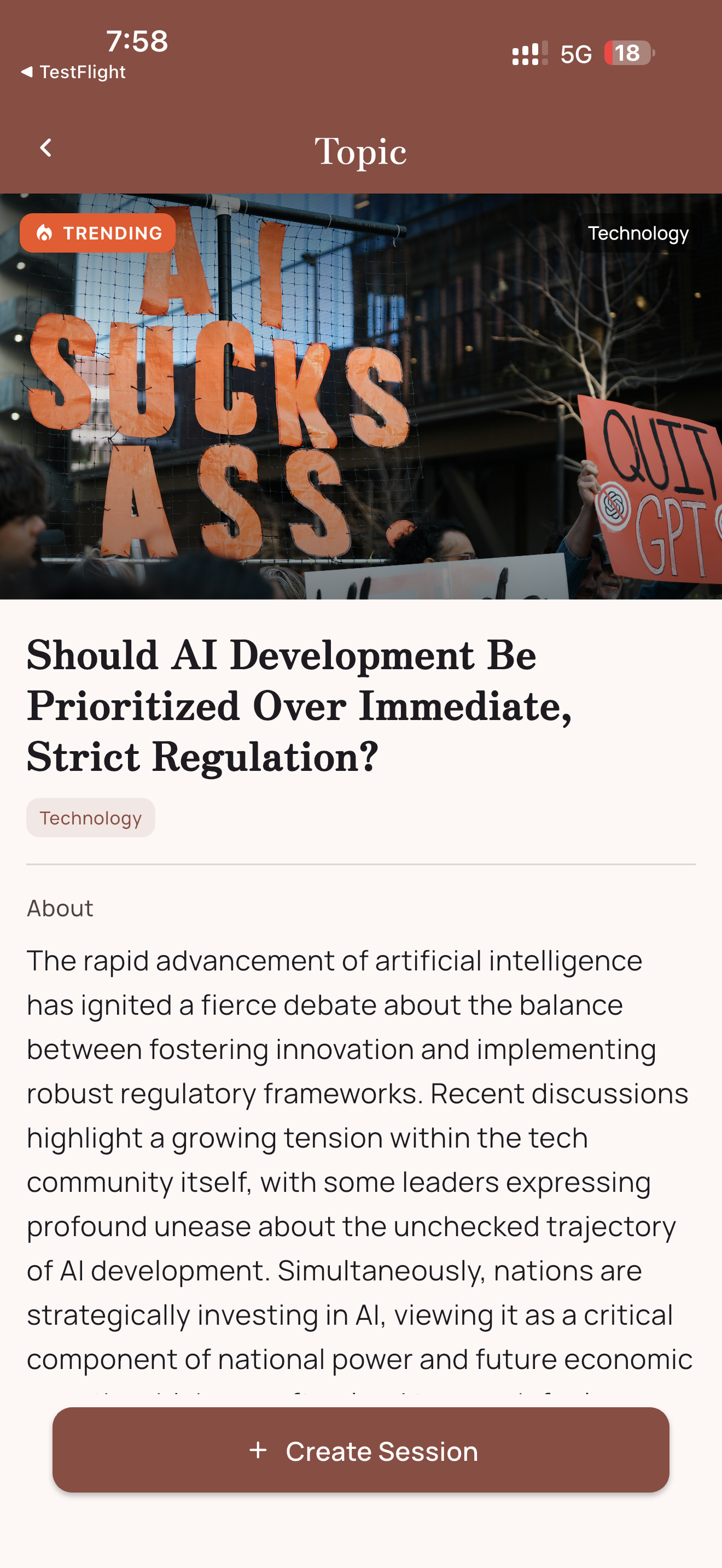 Topic detail page with create session